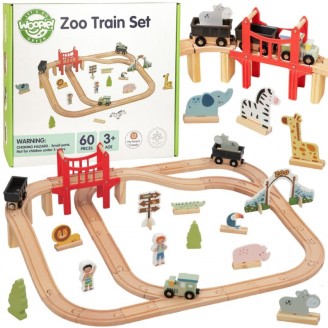 Medinis zoologijos sodo traukinių rinkinys XL magnetiniai bėgiai 60 vnt. FSC WOOPIE GREEN