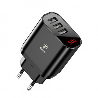 Sieninis Įkroviklis 3xUSB 5V 3.4A Greitas Įkrovimas Su Skaitmenine Indikacija, Juodas
